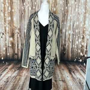 Western print, geometric style long cardigan with pockets